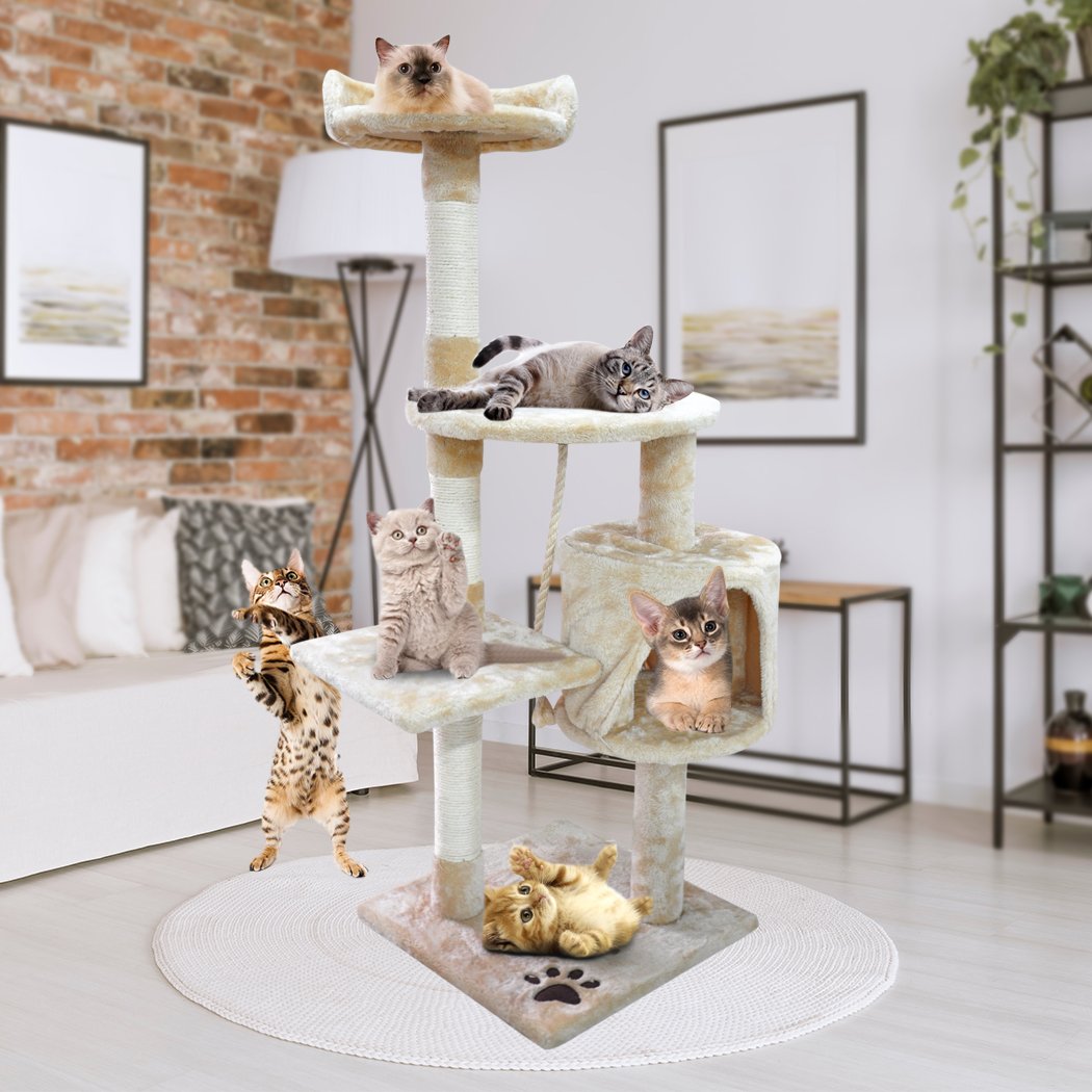 PaWz 1.1M Cat Scratching Post Tree featuring plush upholstery and natural sisal poles, designed for climbing and scratching.